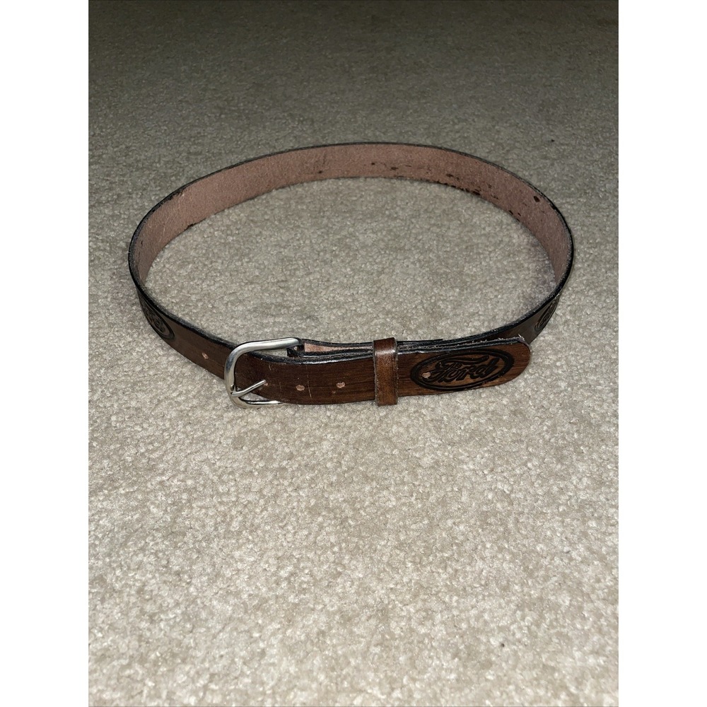 Ford Motor Company Brown Leather Logo Embossed Belt Silver Buckle Vintage Style